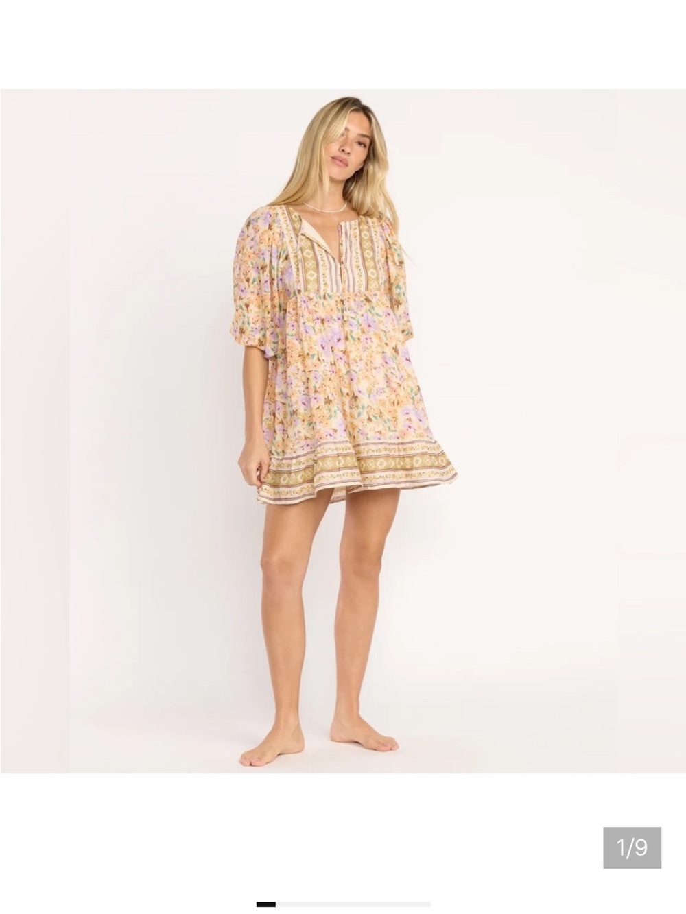 Billabong Yellow Floral Mini Dress puff sleeves size medium cottagecore